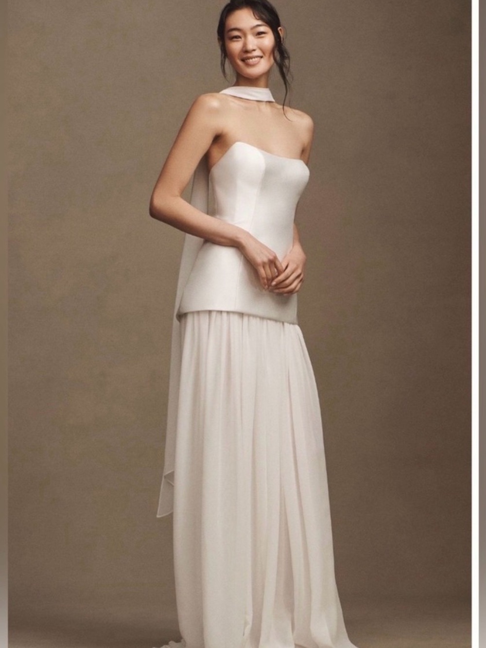 JENNY YOO STORMY STRAPLESS DROP-WAIST CHIFFON SKIRT WEDDING GOWN WITH SCARF